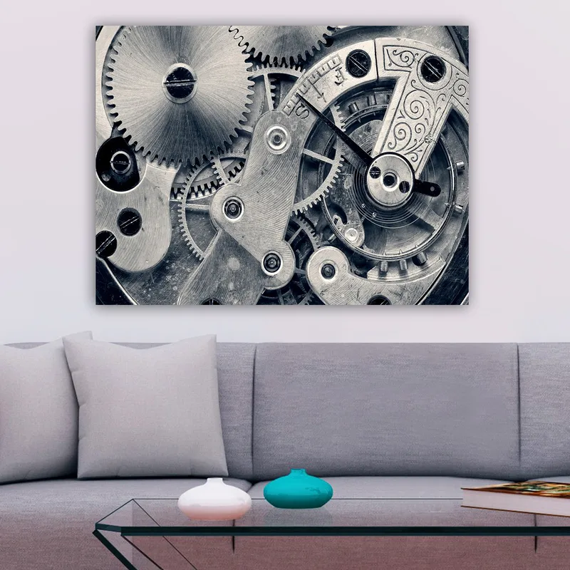 Lerretsbilde 70x100 cm - Detaljert nærbilde av urverkets gir og mekanikk - Sølv / Grå - Interiør - Maleri & posters - Lerretsbilder