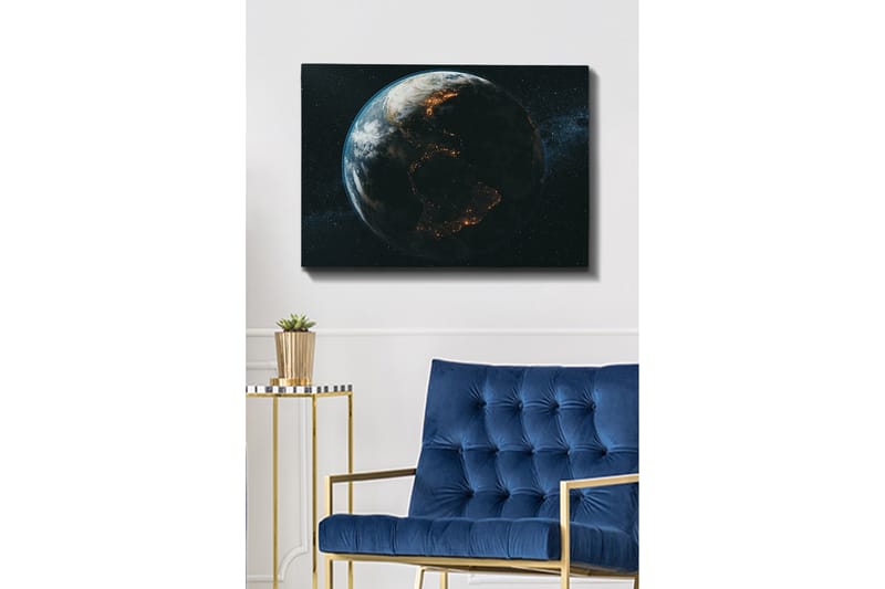 Lerretsbilde 70x100 cm - Detaljert skildring av jorden sett fra verdensrommet, med fokus på kontinentenes former og lyset fra byene - Mørk blå / Grønn / Hvit - Interiør - Maleri & posters - Lerretsbilder