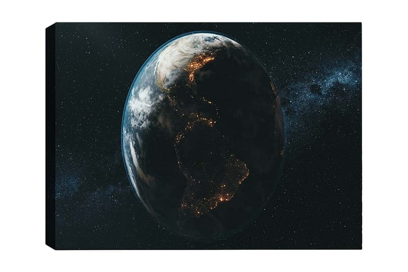 Lerretsbilde 70x100 cm - Detaljert skildring av jorden sett fra verdensrommet, med fokus på kontinentenes former og lyset fra byene, Mørk blå / Grønn / Hvit