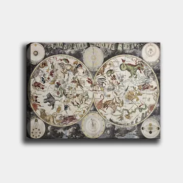 Lerretsbilde 70x100 cm - Detaljert stjernekart med diverse mytologiske dyr og figurer som representerer konstellasjoner - Grønn / Rød / Beige - Interiør - Maleri & posters - Lerretsbilder