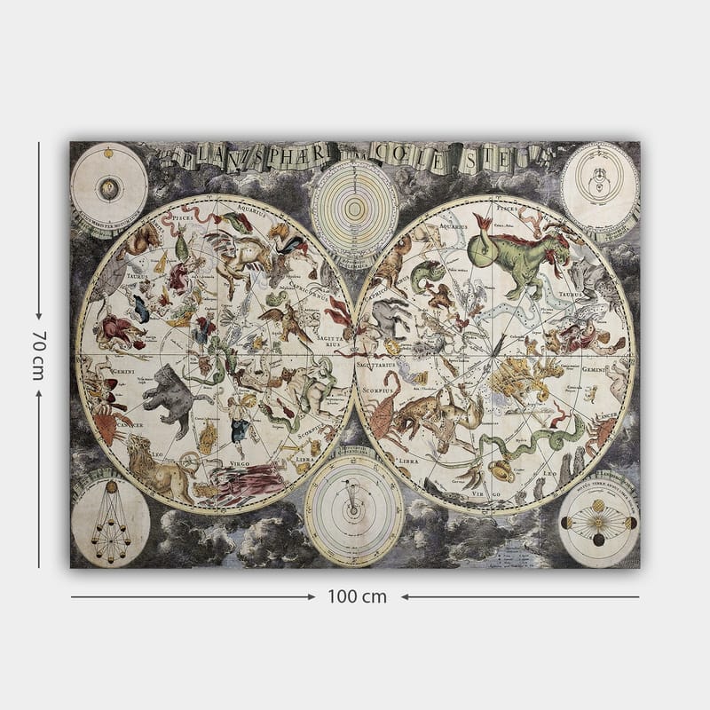 Lerretsbilde 70x100 cm - Detaljert stjernekart med diverse mytologiske dyr og figurer som representerer konstellasjoner - Grønn / Rød / Beige - Interiør - Maleri & posters - Lerretsbilder