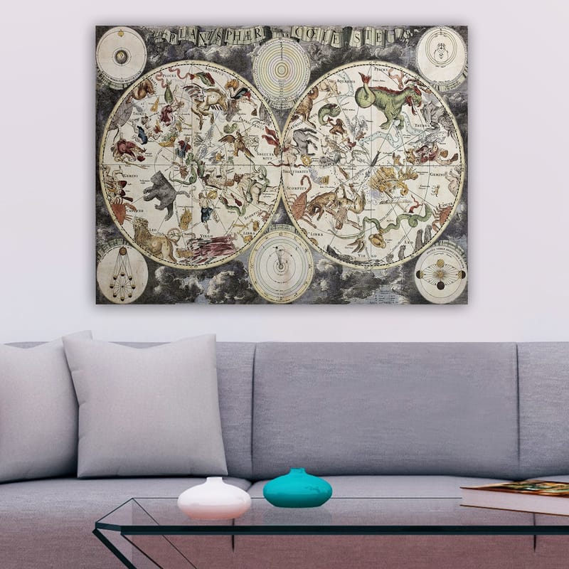 Lerretsbilde 70x100 cm - Detaljert stjernekart med diverse mytologiske dyr og figurer som representerer konstellasjoner - Grønn / Rød / Beige - Interiør - Maleri & posters - Lerretsbilder