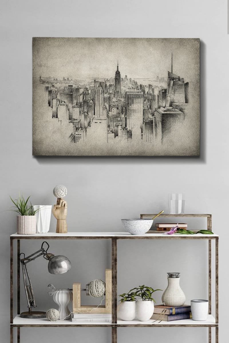 Lerretsbilde 70x100 cm - Detaljert visning av en bysilhuett med fokus på ikoniske skyskrapere - Grå / Svart - Interiør - Maleri & posters - Lerretsbilder