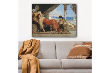Lerretsbilde 70x100 cm - Drømmeaktig scene med to kvinner i orientalske klær som hviler i luksuriøse omgivelser, mens en mann spiller et strengeinstrument - Rød / Svart / Beige - Interiør - Maleri & posters - Lerretsbilder