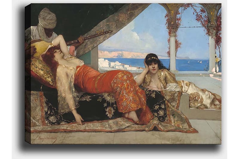 Lerretsbilde 70x100 cm - Drømmeaktig scene med to kvinner i orientalske klær som hviler i luksuriøse omgivelser, mens en mann spiller et strengeinstrument - Rød / Svart / Beige - Interiør - Maleri & posters - Lerretsbilder