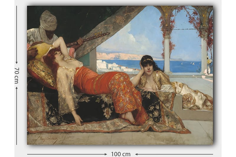 Lerretsbilde 70x100 cm - Drømmeaktig scene med to kvinner i orientalske klær som hviler i luksuriøse omgivelser, mens en mann spiller et strengeinstrument - Rød / Svart / Beige - Interiør - Maleri & posters - Lerretsbilder