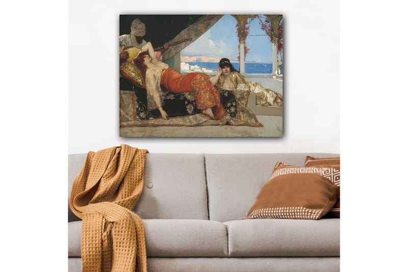 Lerretsbilde 70x100 cm - Drømmeaktig scene med to kvinner i orientalske klær som hviler i luksuriøse omgivelser, mens en mann spiller et strengeinstrument, Rød / Svart / Beige