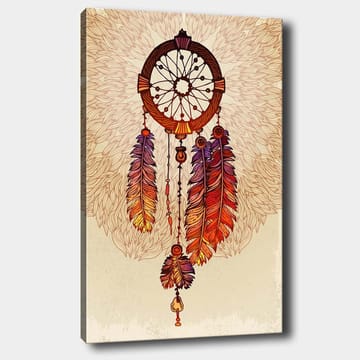 Lerretsbilde 70x100 cm - Drømmefanger med fargerike fjær hengende nedover - Oransje / Lilla / Brun - Interiør - Maleri & posters - Lerretsbilder