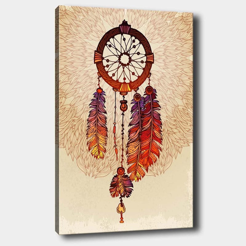 Lerretsbilde 70x100 cm - Drømmefanger med fargerike fjær hengende nedover - Oransje / Lilla / Brun - Interiør - Maleri & posters - Lerretsbilder