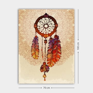 Lerretsbilde 70x100 cm - Drømmefanger med fargerike fjær hengende nedover - Oransje / Lilla / Brun - Interiør - Maleri & posters - Lerretsbilder