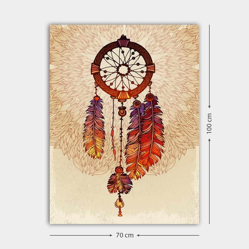 Lerretsbilde 70x100 cm - Drømmefanger med fargerike fjær hengende nedover - Oransje / Lilla / Brun - Interiør - Maleri & posters - Lerretsbilder