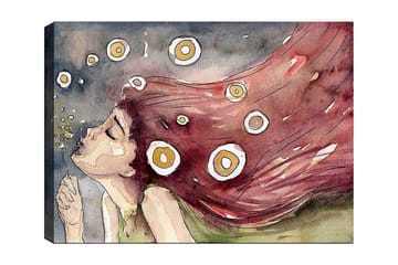 Lerretsbilde 70x100 cm - Drømmende kvinne med langt, rødlig hår som blåser i vinden, omgitt av hvite og gule sirkler - Rød / Hvit / Gul - Interiør - Maleri & posters - Lerretsbilder