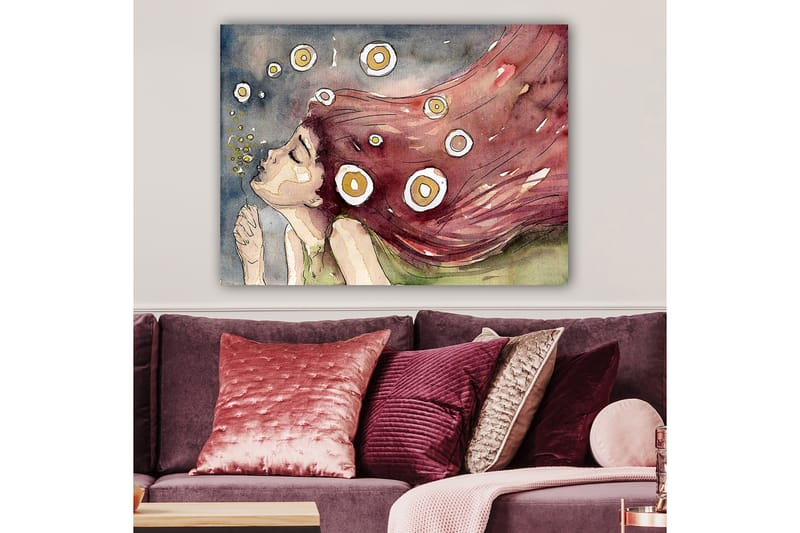 Lerretsbilde 70x100 cm - Drømmende kvinne med langt, rødlig hår som blåser i vinden, omgitt av hvite og gule sirkler - Rød / Hvit / Gul - Interiør - Maleri & posters - Lerretsbilder