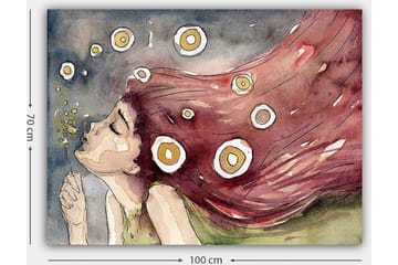 Lerretsbilde 70x100 cm - Drømmende kvinne med langt, rødlig hår som blåser i vinden, omgitt av hvite og gule sirkler - Rød / Hvit / Gul - Interiør - Maleri & posters - Lerretsbilder