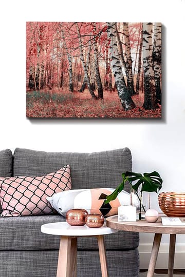 Lerretsbilde 70x100 cm - Drømmeskog med bjørketrær omgitt av rosa og røde blader - Rosa / Hvit / Svart - Interiør - Maleri & posters - Lerretsbilder