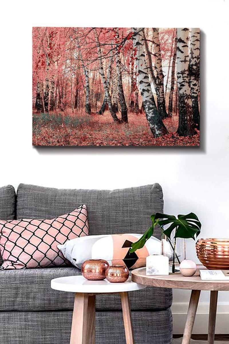 Lerretsbilde 70x100 cm - Drømmeskog med bjørketrær omgitt av rosa og røde blader - Rosa / Hvit / Svart - Interiør - Maleri & posters - Lerretsbilder