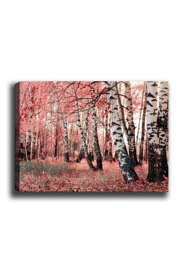 Lerretsbilde 70x100 cm - Drømmeskog med bjørketrær omgitt av rosa og røde blader - Rosa / Hvit / Svart - Interiør - Maleri & posters - Lerretsbilder