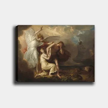 Lerretsbilde 70x100 cm - Dramatisk scene med en engel som beskytter en mann og en kvinne fra en truende situasjon - Hvit / Beige / Rød - Interiør - Maleri & posters - Lerretsbilder