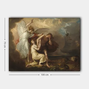 Lerretsbilde 70x100 cm - Dramatisk scene med en engel som beskytter en mann og en kvinne fra en truende situasjon - Hvit / Beige / Rød - Interiør - Maleri & posters - Lerretsbilder