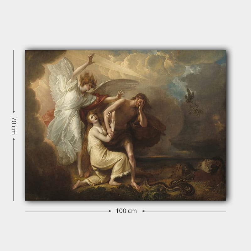 Lerretsbilde 70x100 cm - Dramatisk scene med en engel som beskytter en mann og en kvinne fra en truende situasjon - Hvit / Beige / Rød - Interiør - Maleri & posters - Lerretsbilder