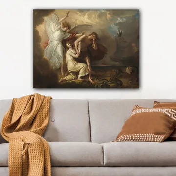 Lerretsbilde 70x100 cm - Dramatisk scene med en engel som beskytter en mann og en kvinne fra en truende situasjon - Hvit / Beige / Rød - Interiør - Maleri & posters - Lerretsbilder