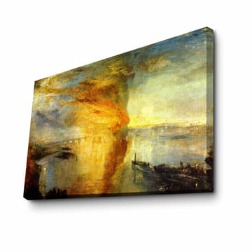 Lerretsbilde 70x100 cm - Dramatisk solnedgang over en rolig vannflate med skip i horisonten - Gull / Oransje / Blå - Interiør - Maleri & posters - Lerretsbilder