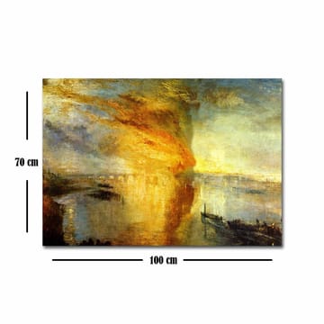 Lerretsbilde 70x100 cm - Dramatisk solnedgang over en rolig vannflate med skip i horisonten - Gull / Oransje / Blå - Interiør - Maleri & posters - Lerretsbilder