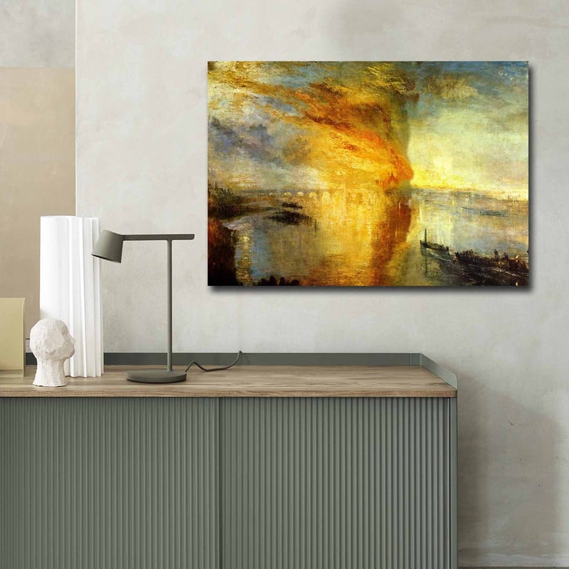 Lerretsbilde 70x100 cm - Dramatisk solnedgang over en rolig vannflate med skip i horisonten - Gull / Oransje / Blå - Interiør - Maleri & posters - Lerretsbilder