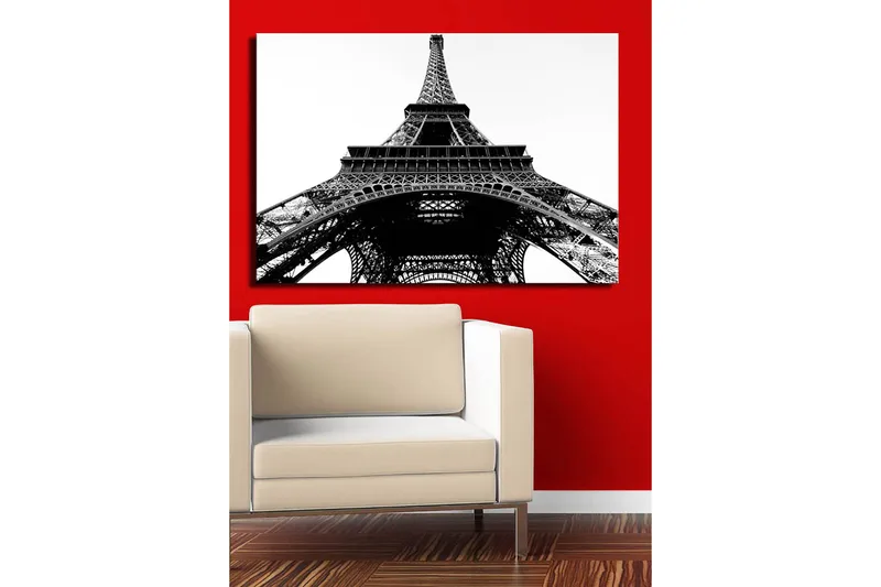 Lerretsbilde 70x100 cm - Dramatisk utsikt over Eiffeltårnet sett fra bunnen av - Svart / Hvit - Interiør - Maleri & posters - Lerretsbilder