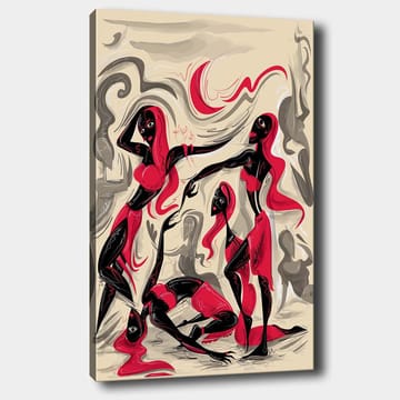 Lerretsbilde 70x100 cm - Dynamisk gruppe kvinner i bevegelse, som uttrykker følelser og samhørighet - Rød / Svart / Beige - Interiør - Maleri & posters - Lerretsbilder