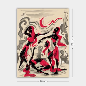 Lerretsbilde 70x100 cm - Dynamisk gruppe kvinner i bevegelse, som uttrykker følelser og samhørighet - Rød / Svart / Beige - Interiør - Maleri & posters - Lerretsbilder