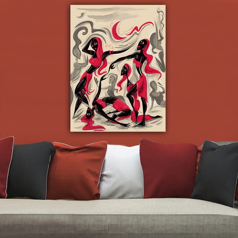 Lerretsbilde 70x100 cm - Dynamisk gruppe kvinner i bevegelse, som uttrykker følelser og samhørighet - Rød / Svart / Beige - Interiør - Maleri & posters - Lerretsbilder