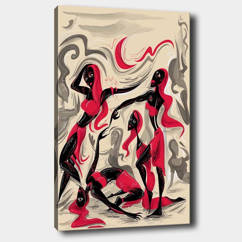 Lerretsbilde 70x100 cm - Dynamisk gruppe kvinner i bevegelse, som uttrykker følelser og samhørighet, Rød / Svart / Beige