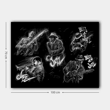 Lerretsbilde 70x100 cm - Dynamisk skildring av jazzmusikere som spiller forskjellige instrumenter i en energisk komposisjon - Svart / Hvit - Interiør - Maleri & posters - Lerretsbilder