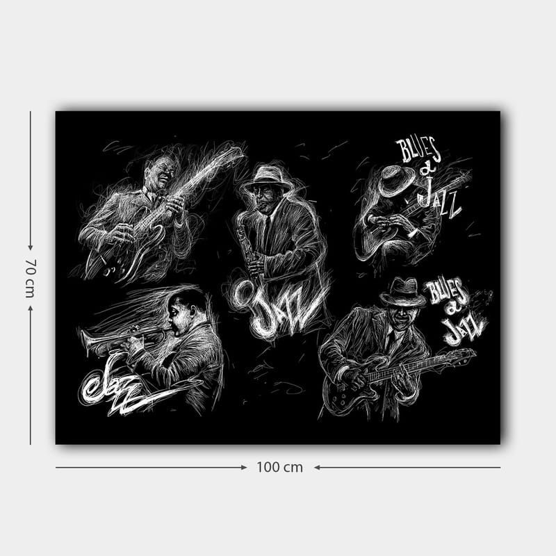 Lerretsbilde 70x100 cm - Dynamisk skildring av jazzmusikere som spiller forskjellige instrumenter i en energisk komposisjon - Svart / Hvit - Interiør - Maleri & posters - Lerretsbilder