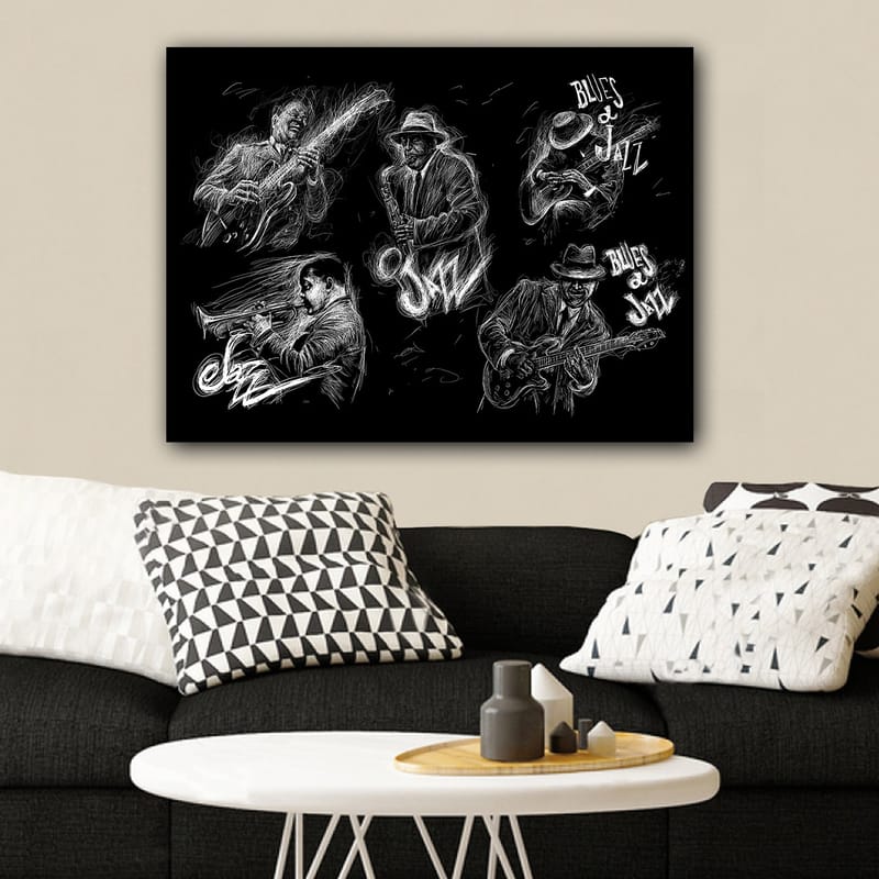 Lerretsbilde 70x100 cm - Dynamisk skildring av jazzmusikere som spiller forskjellige instrumenter i en energisk komposisjon - Svart / Hvit - Interiør - Maleri & posters - Lerretsbilder