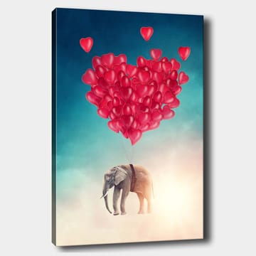 Lerretsbilde 70x100 cm - Elefant som svever oppover med hjerteformede ballonger som symboliserer kjærlighet og frihet - Rød / Grå / Blå - Interiør - Maleri & posters - Lerretsbilder