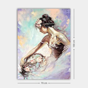 Lerretsbilde 70x100 cm - Elegant ballerina som plukker blomster med et drømmende og mykt uttrykk - Lys rosa / Mintgrønn / Beige - Interiør - Maleri & posters - Lerretsbilder