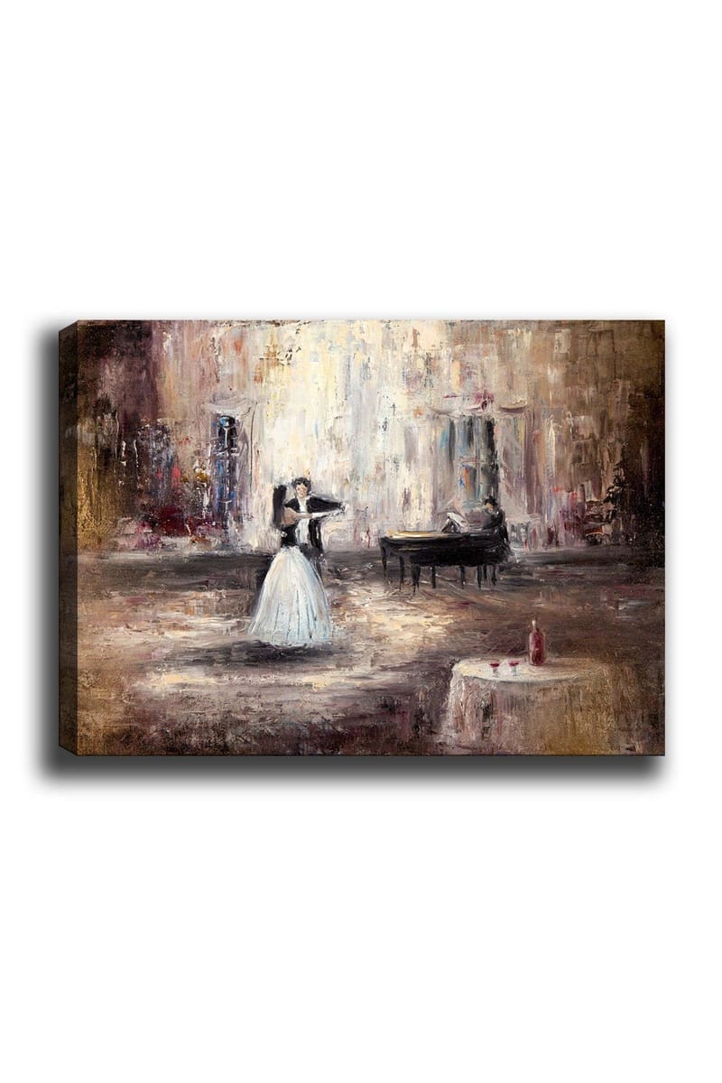 Lerretsbilde 70x100 cm - Elegant dansende kvinne i hvit kjole foran et piano i romantiske omgivelser, Hvit / Brun / Grå