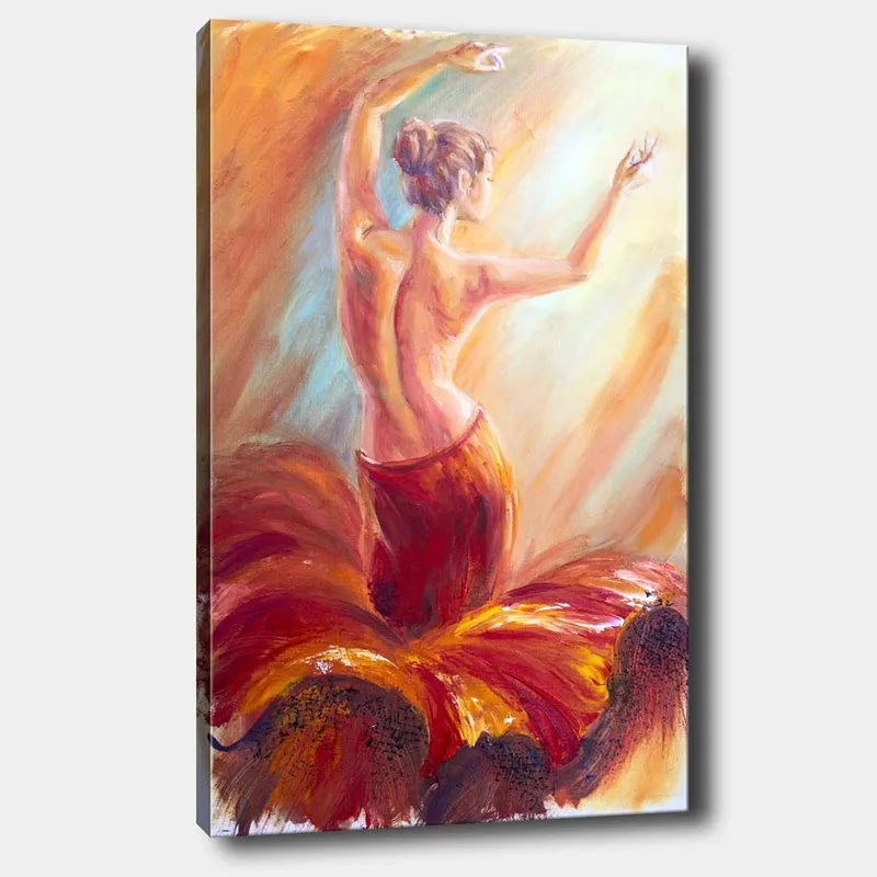 Lerretsbilde 70x100 cm - Elegant danser i en rød kjole som fanger bevegelsen og følelsen av dans, Rød / Oransje / Beige