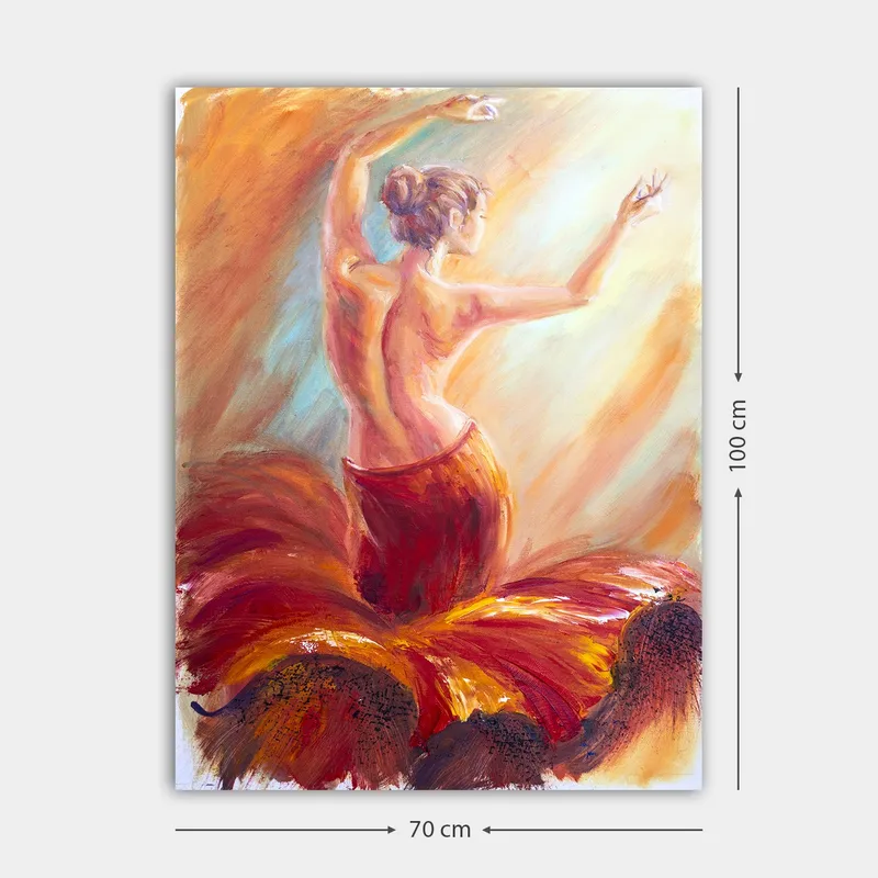 Lerretsbilde 70x100 cm - Elegant danser i en rød kjole som fanger bevegelsen og følelsen av dans - Rød / Oransje / Beige - Interiør - Maleri & posters - Lerretsbilder