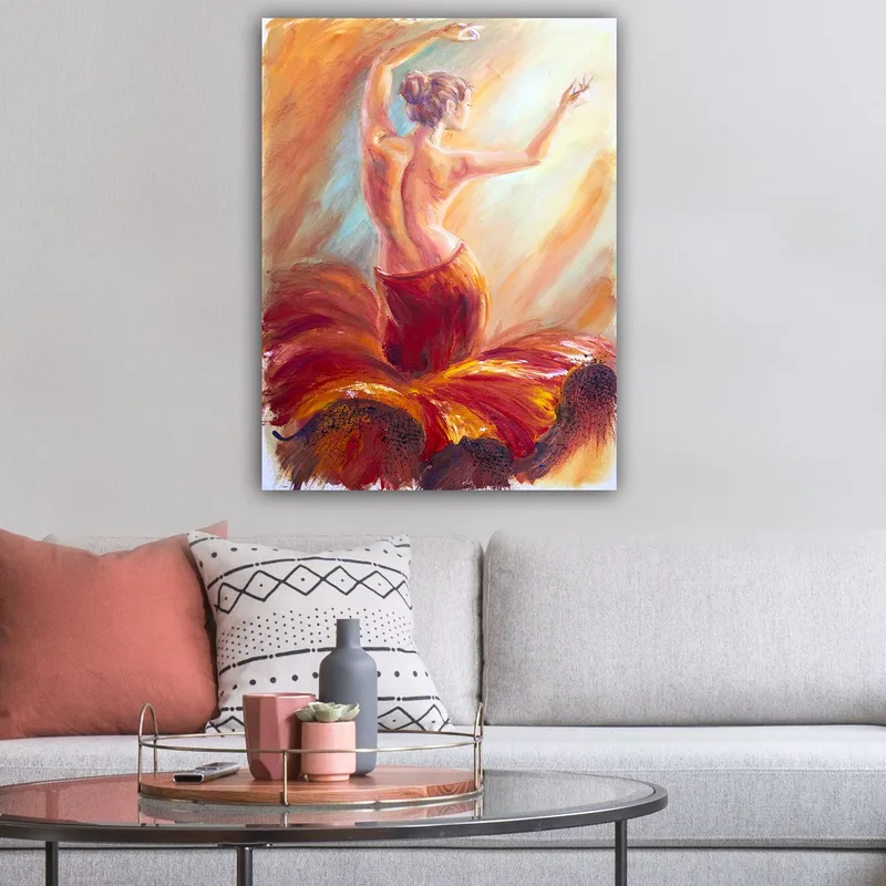 Lerretsbilde 70x100 cm - Elegant danser i en rød kjole som fanger bevegelsen og følelsen av dans - Rød / Oransje / Beige - Interiør - Maleri & posters - Lerretsbilder