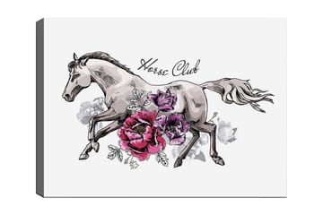 Lerretsbilde 70x100 cm - Elegant hest som løper fremover omgitt av fargerike blomster - Grå / Rosa / Lilla - Interiør - Maleri & posters - Lerretsbilder
