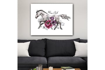 Lerretsbilde 70x100 cm - Elegant hest som løper fremover omgitt av fargerike blomster - Grå / Rosa / Lilla - Interiør - Maleri & posters - Lerretsbilder