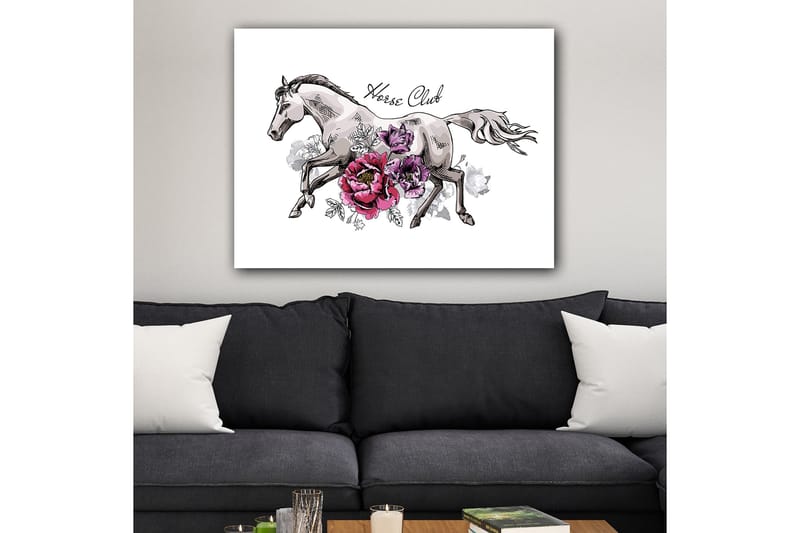 Lerretsbilde 70x100 cm - Elegant hest som løper fremover omgitt av fargerike blomster - Grå / Rosa / Lilla - Interiør - Maleri & posters - Lerretsbilder
