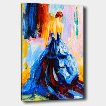 Lerretsbilde 70x100 cm - Elegant kvinne i en vakker kjole som står med ryggen til betrakteren - Mørk blå / Rød / Gul - Interiør - Maleri & posters - Lerretsbilder