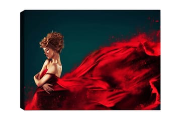 Lerretsbilde 70x100 cm - Elegant kvinne i rød kjole som svever med dramatiske bevegelser - Rød / Mørk blå - Interiør - Maleri & posters - Lerretsbilder