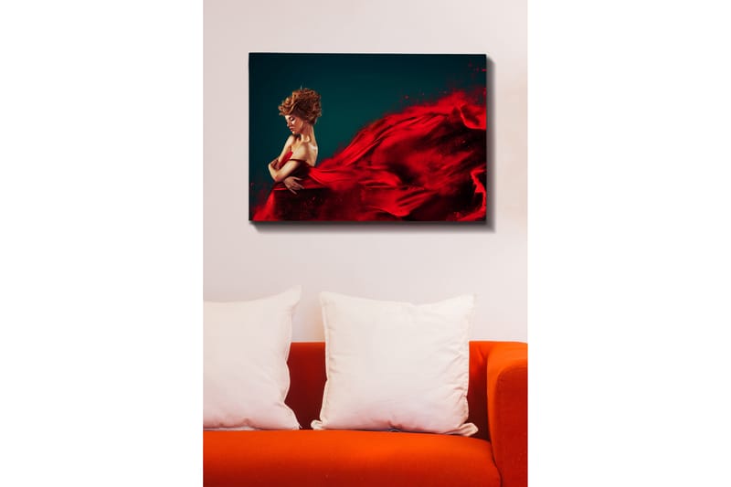Lerretsbilde 70x100 cm - Elegant kvinne i rød kjole som svever med dramatiske bevegelser - Rød / Mørk blå - Interiør - Maleri & posters - Lerretsbilder