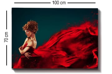 Lerretsbilde 70x100 cm - Elegant kvinne i rød kjole som svever med dramatiske bevegelser - Rød / Mørk blå - Interiør - Maleri & posters - Lerretsbilder