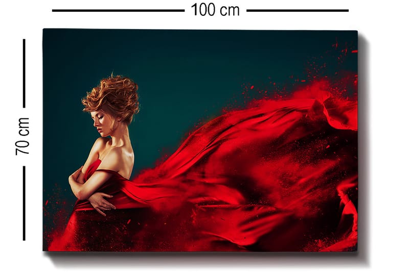 Lerretsbilde 70x100 cm - Elegant kvinne i rød kjole som svever med dramatiske bevegelser - Rød / Mørk blå - Interiør - Maleri & posters - Lerretsbilder